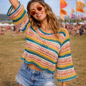 Gabby Isabella Crochet Boho Festival Sweater | Bell Sleeve Multicolor Top Size S